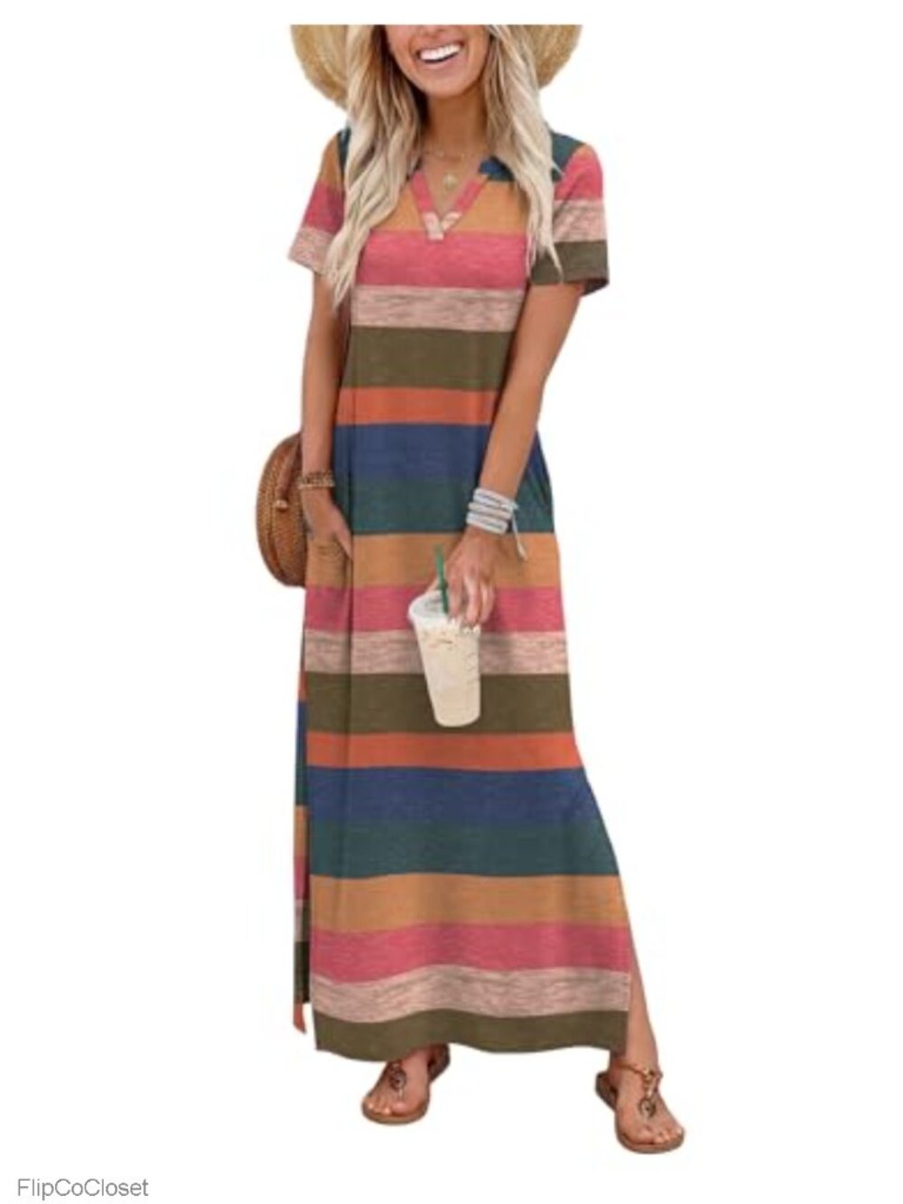 Women's V-Neck Maxi Sundress with Pockets Side Slit Casual Summer Beach Outfit